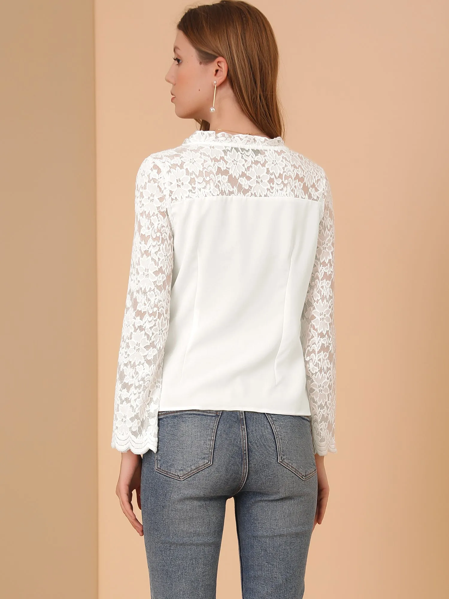 Chiffon Lace Panel Long Sleeve V Neck Button-Down Blouse sold by Allegra K product image thumbnail 5