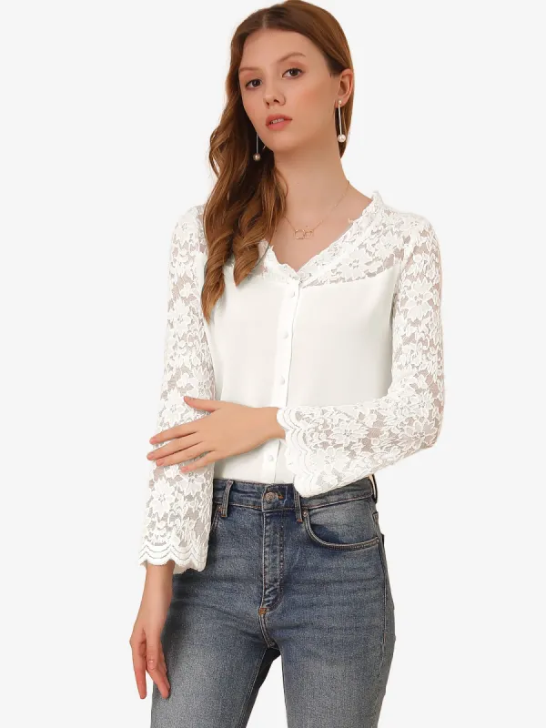Chiffon Lace Panel Long Sleeve V Neck Button-Down Blouse sold by Allegra K