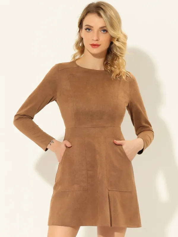 Faux Suede Round Neck Pockets Long Sleeve A-Line Dress sold by Allegra K