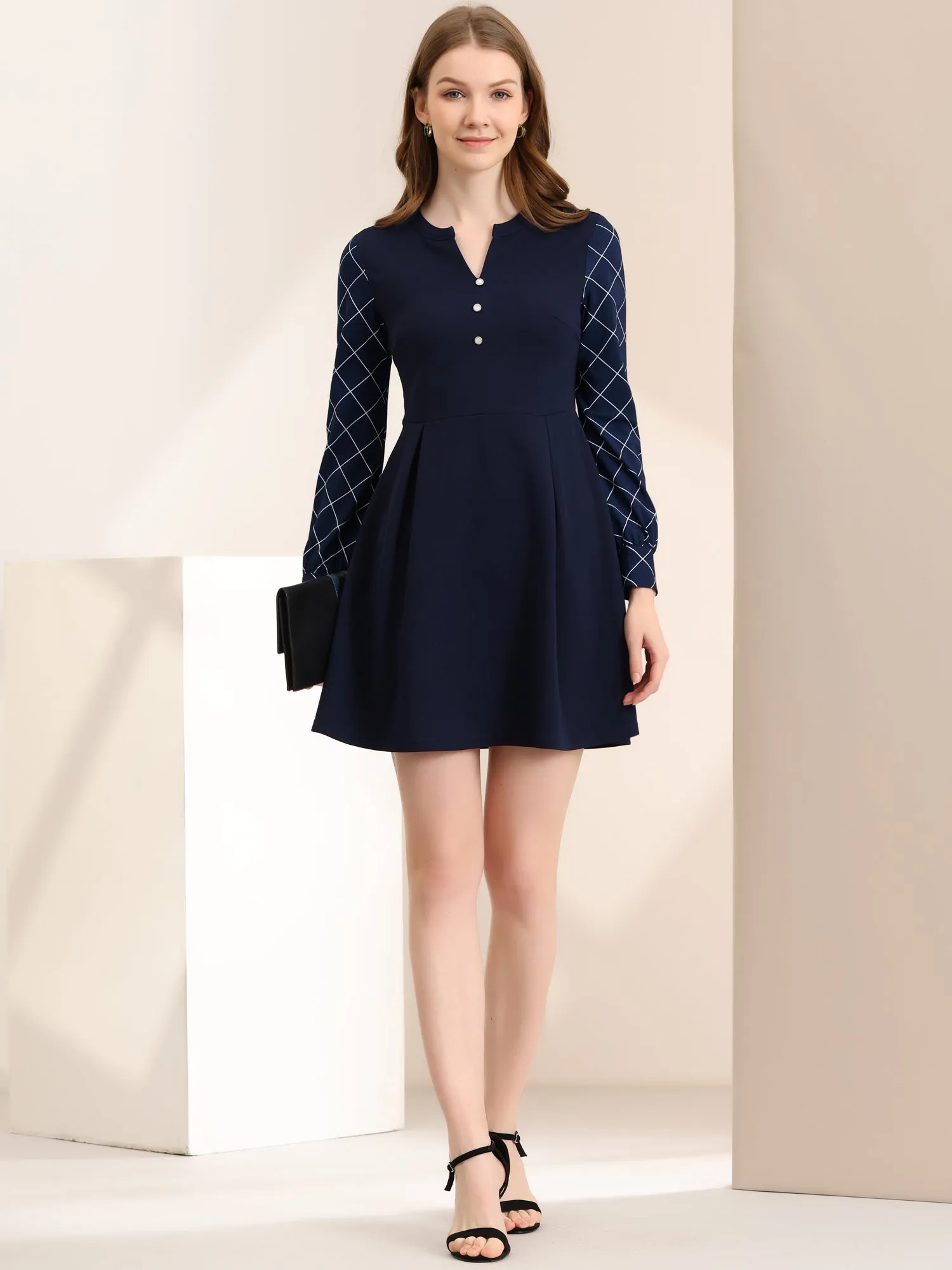Plaid Panel V Neck Long Sleeve Elegant Work Flare Dress sold by Allegra K product image thumbnail 4