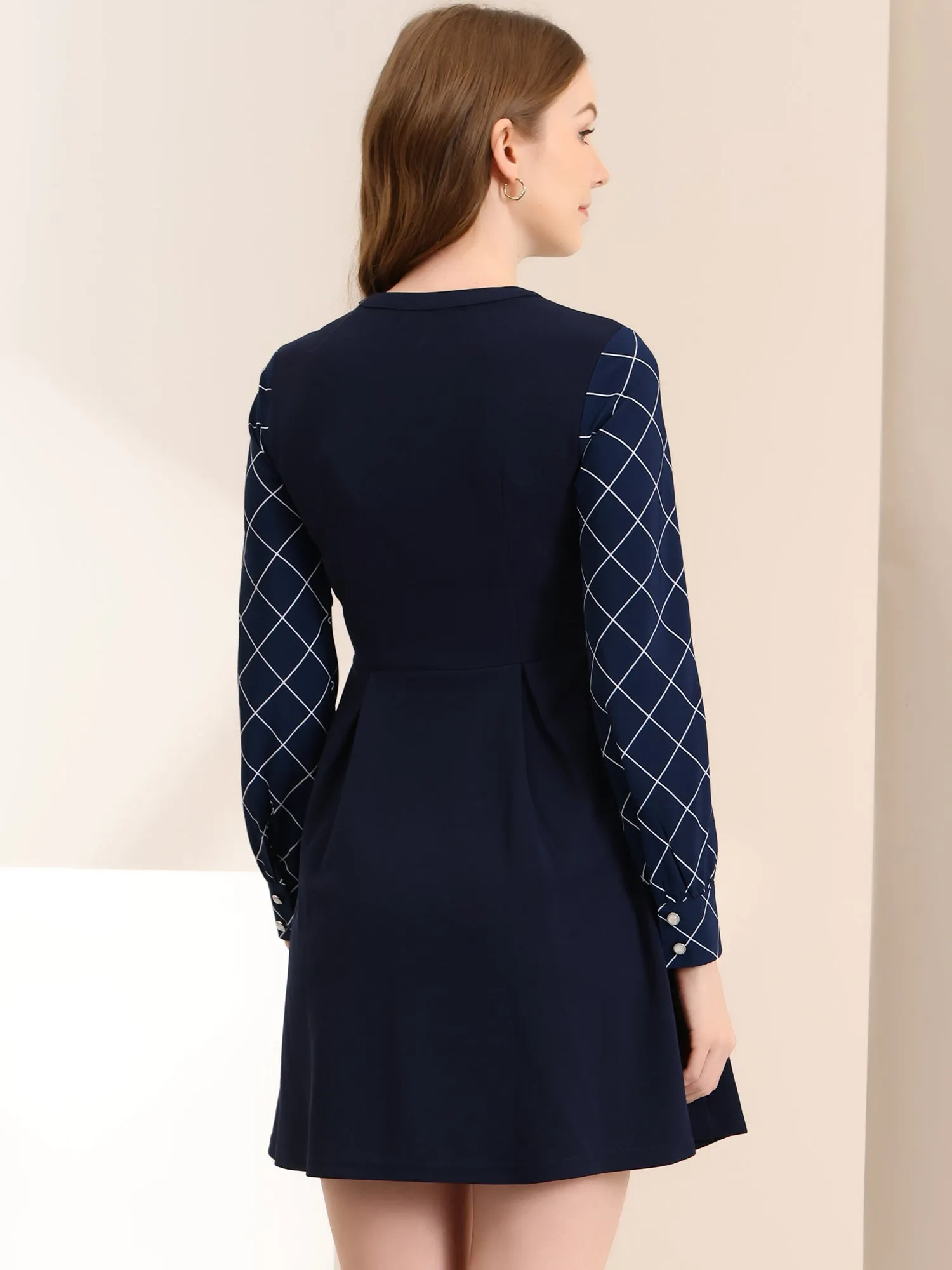 Plaid Panel V Neck Long Sleeve Elegant Work Flare Dress sold by Allegra K product image thumbnail 2