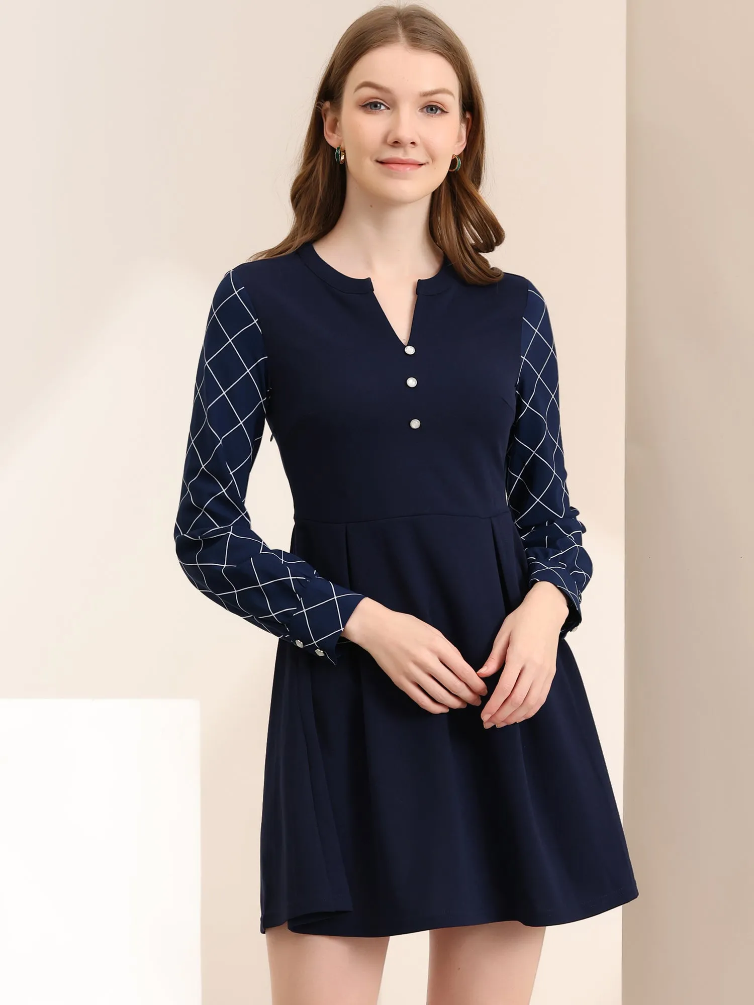 Plaid Panel V Neck Long Sleeve Elegant Work Flare Dress sold by Allegra K product image thumbnail 3