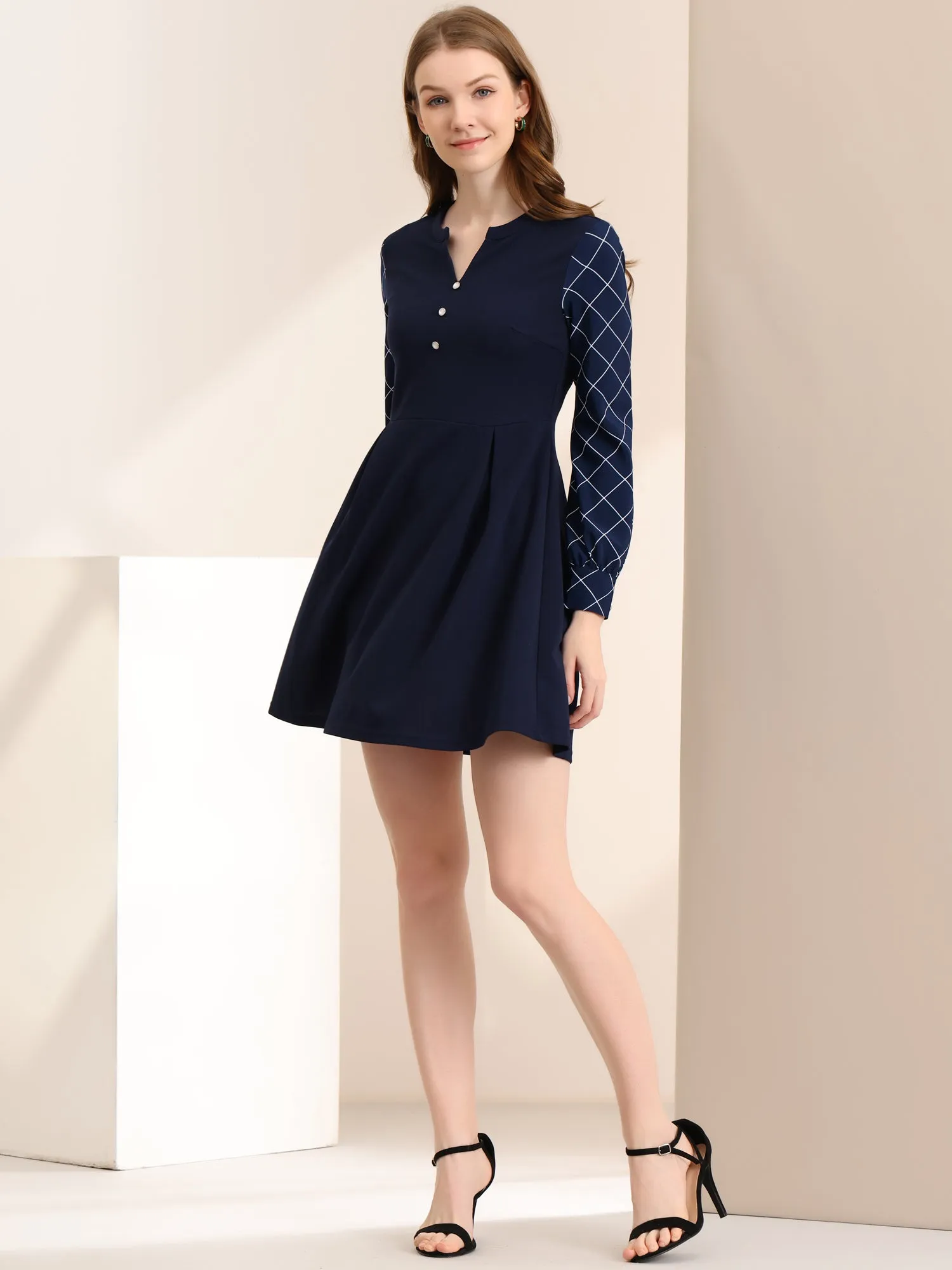 Plaid Panel V Neck Long Sleeve Elegant Work Flare Dress sold by Allegra K