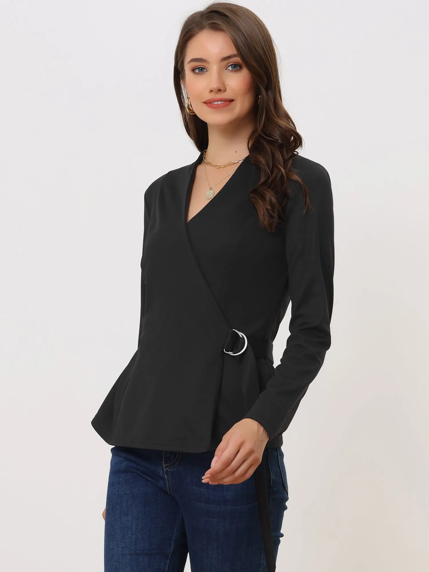 Long Sleeve Peplum Top Casual V Neck Tie Waist Wrap Blouse sold by Allegra K product image thumbnail 2
