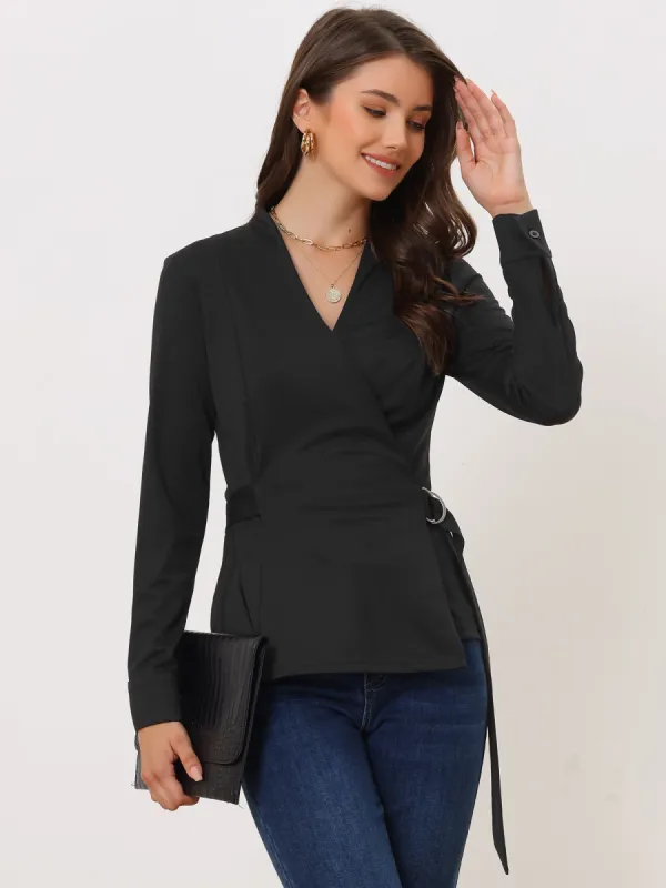 Long Sleeve Peplum Top Casual V Neck Tie Waist Wrap Blouse sold by Allegra K