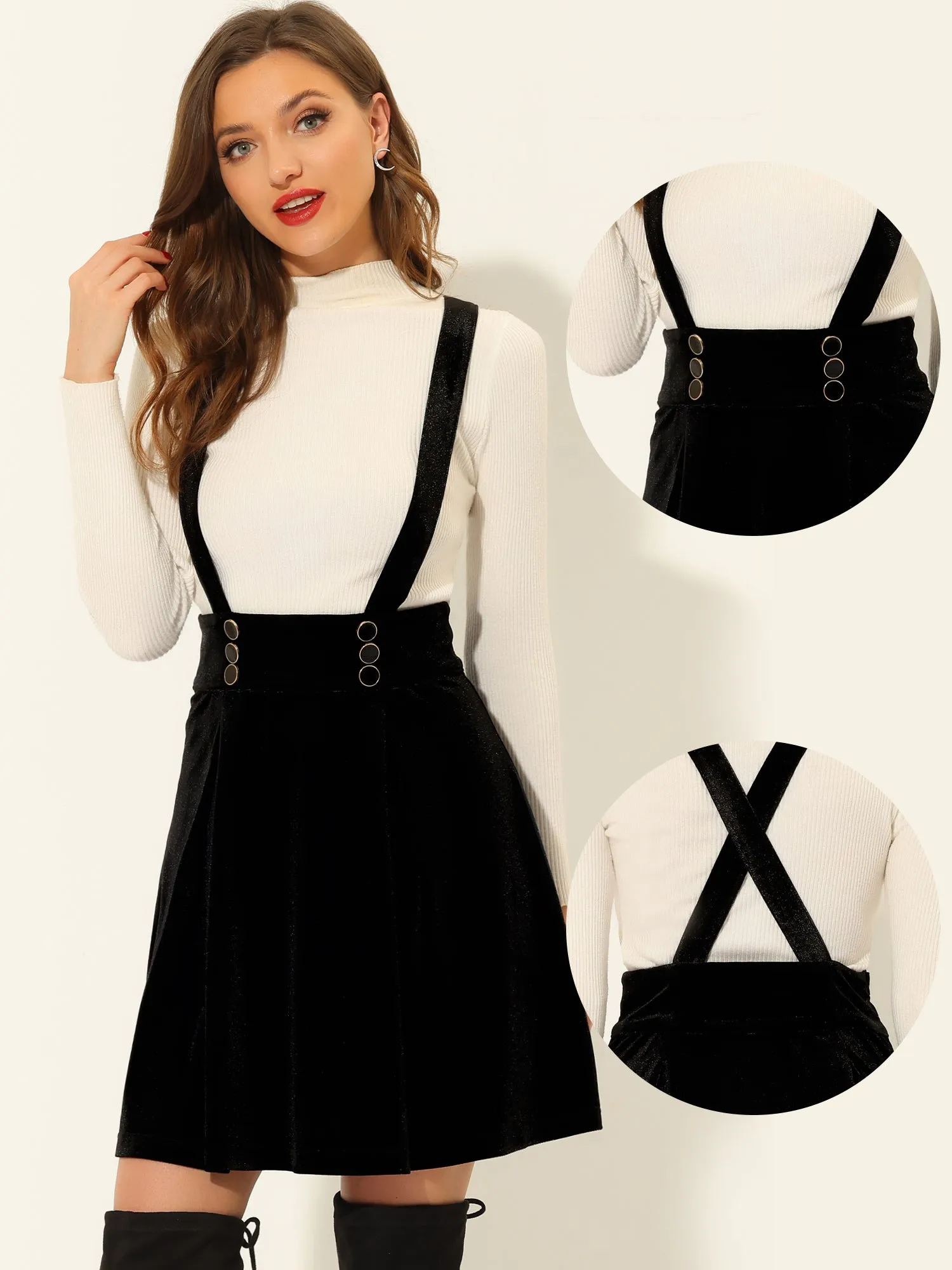 Suspender Velvet High Waist A-Line Overall Skirt sold by Allegra K product image thumbnail 2