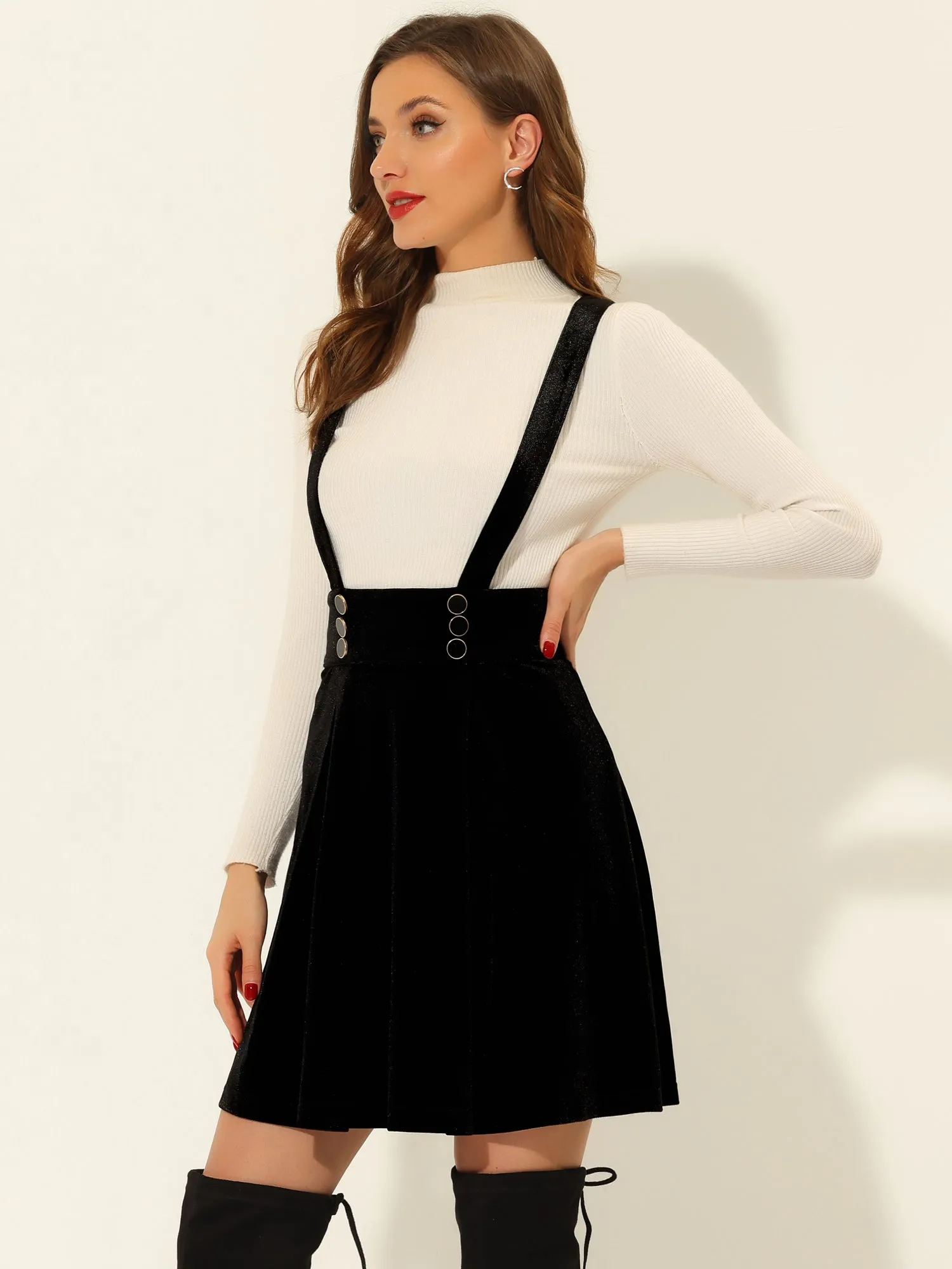 Suspender Velvet High Waist A-Line Overall Skirt sold by Allegra K product image thumbnail 5