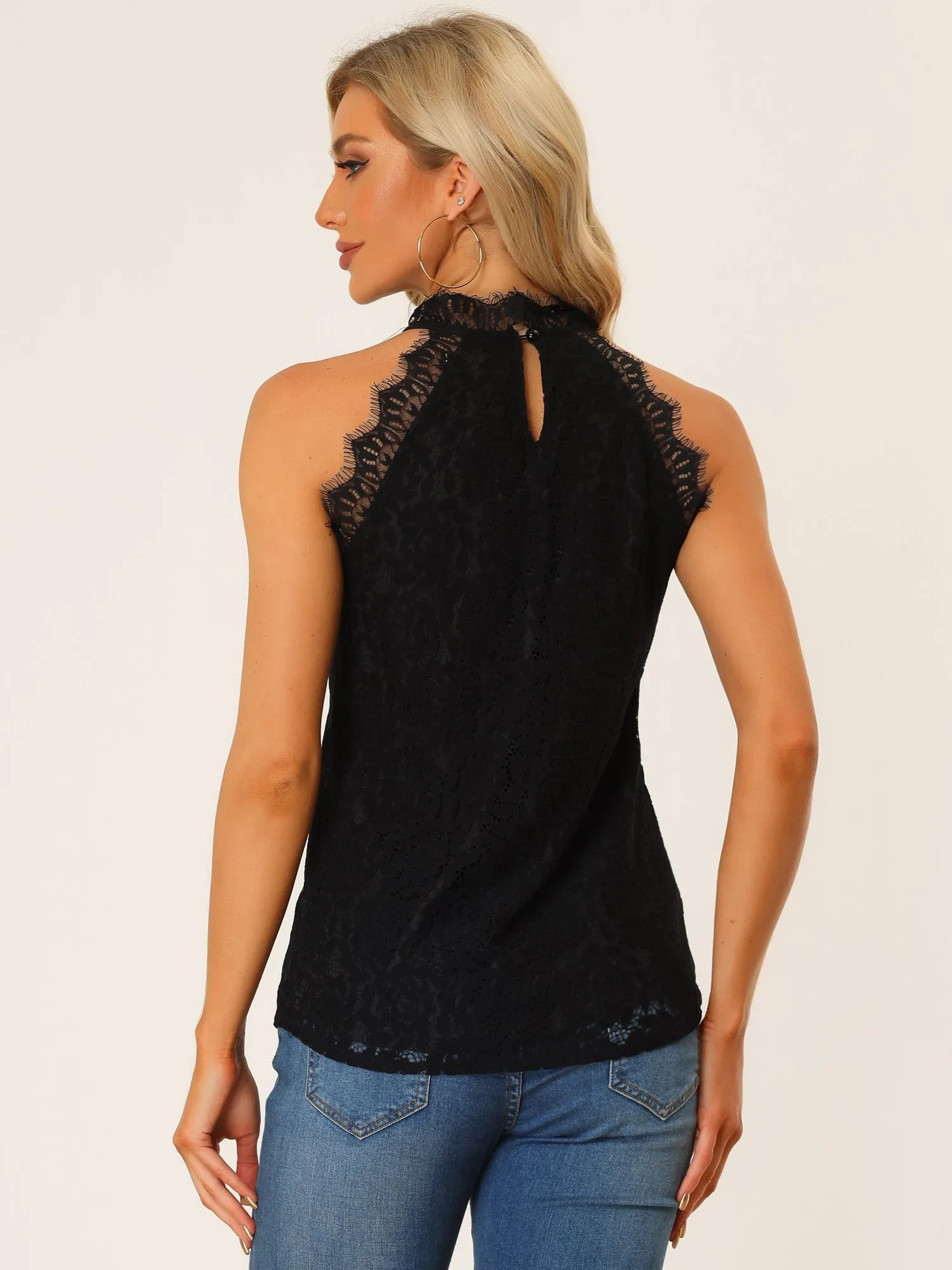 Casual Ruffled Halter Neck Sleeveless Lace Tops sold by Allegra K product image thumbnail 4