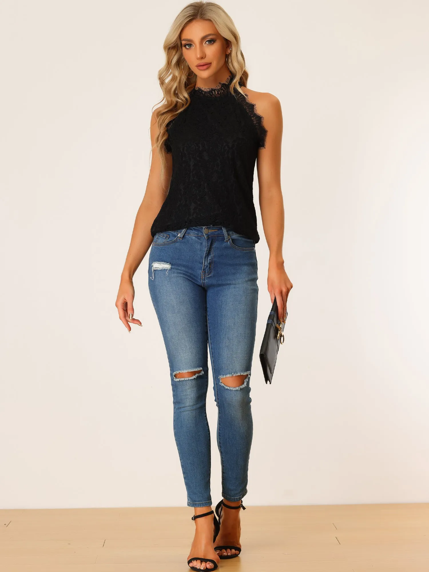 Casual Ruffled Halter Neck Sleeveless Lace Tops sold by Allegra K product image thumbnail 2