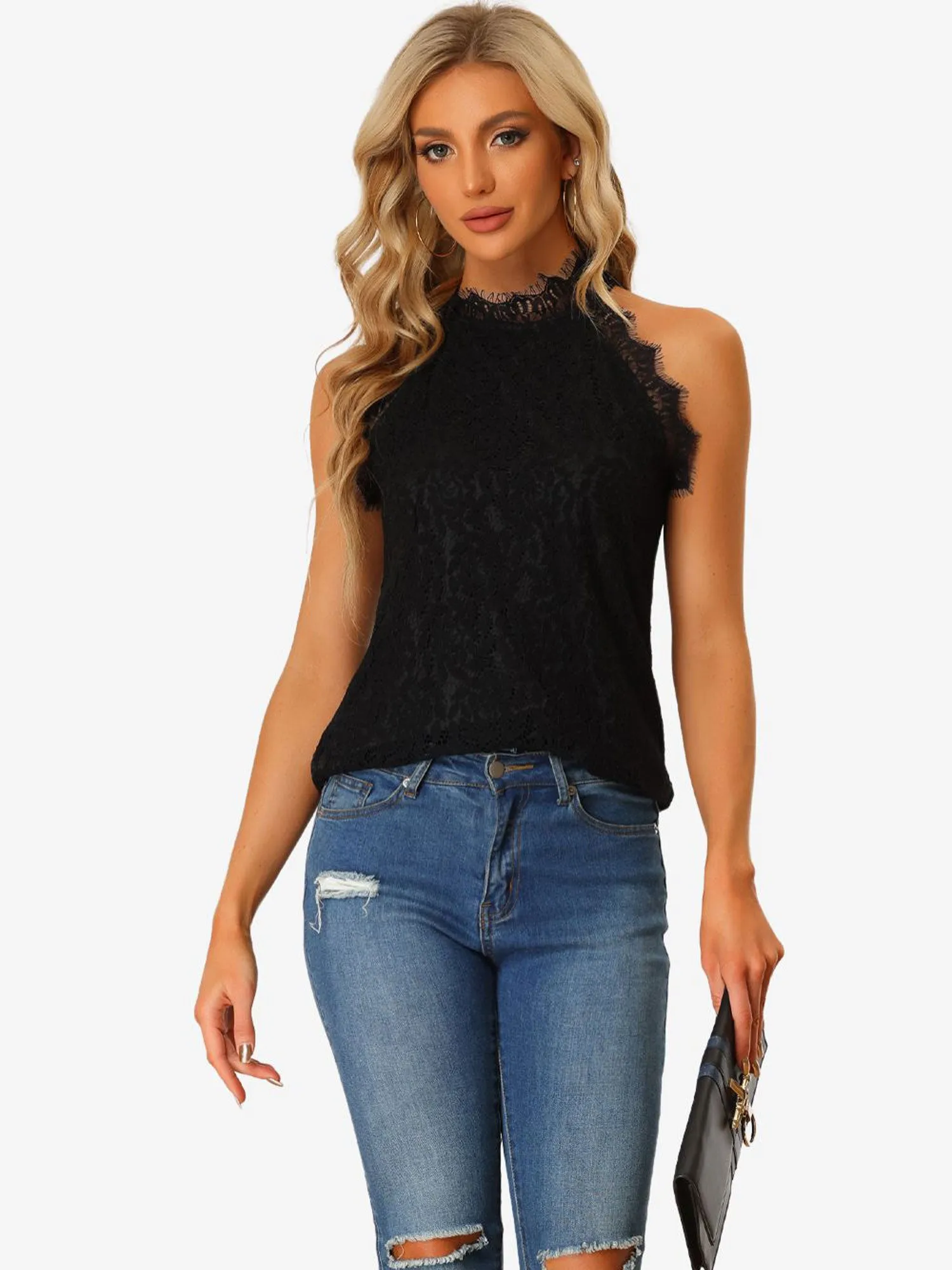 Casual Ruffled Halter Neck Sleeveless Lace Tops sold by Allegra K