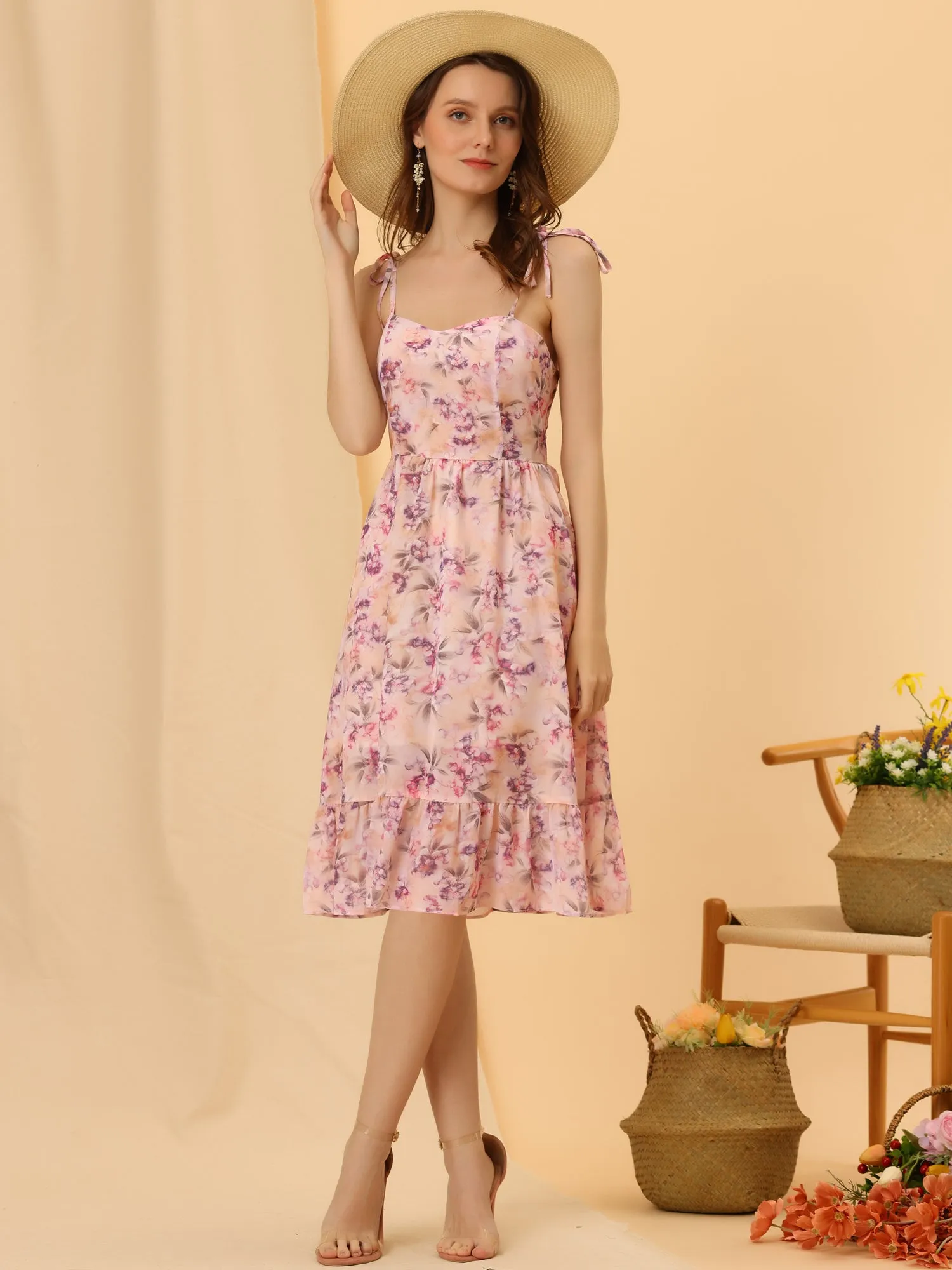 Floral Spaghatti Straps Sweetheart Neck Ruffed Hem Casual Dress sold by Allegra K