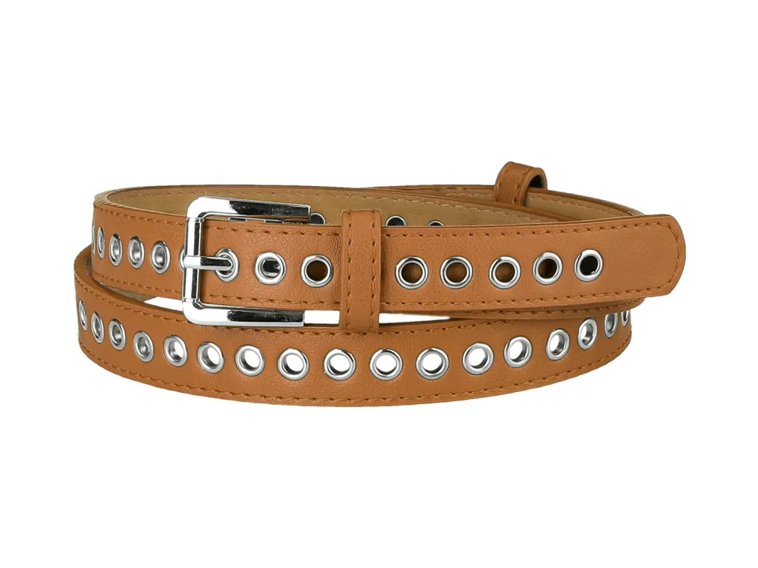 Women Grommet Belt PU Leather Metal Buckle Skinny Waist Hollow Belts sold by Allegra K