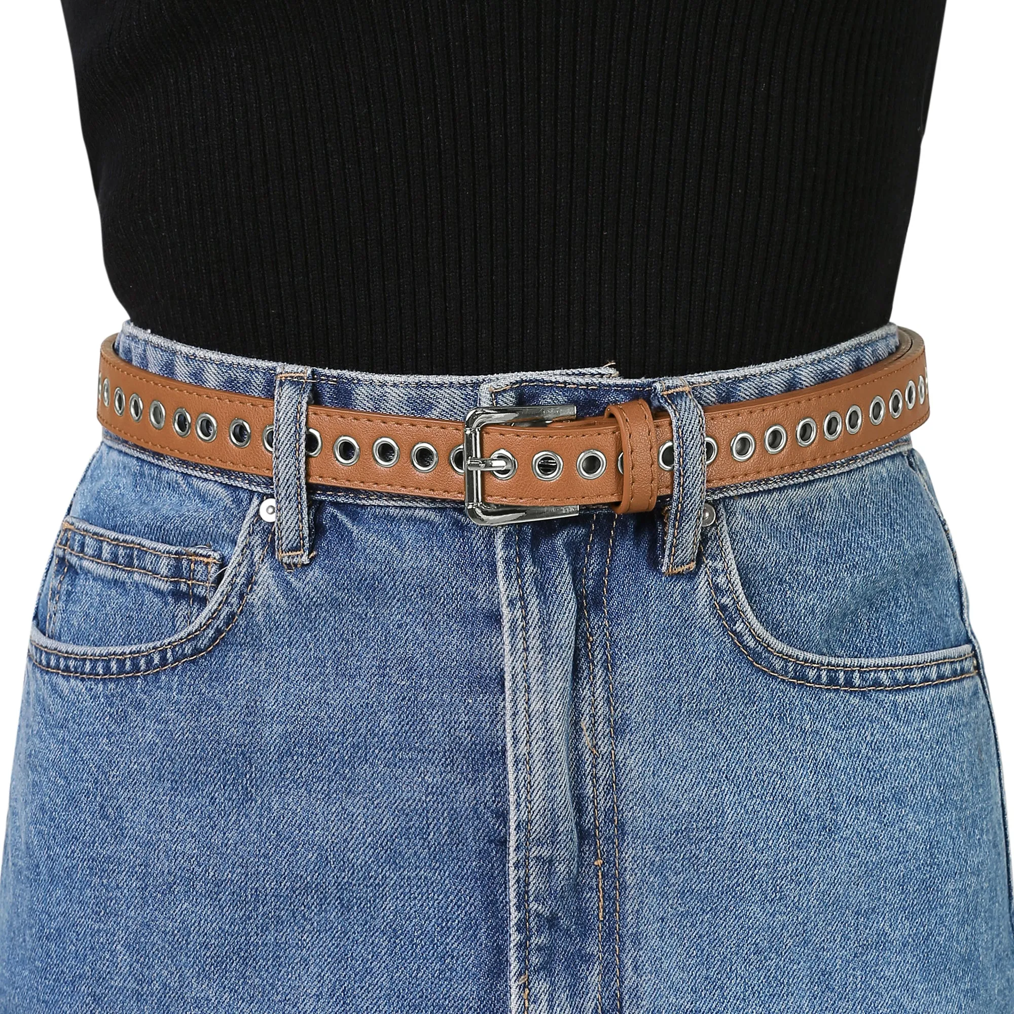 Women Grommet Belt PU Leather Metal Buckle Skinny Waist Hollow Belts sold by Allegra K product image thumbnail 4