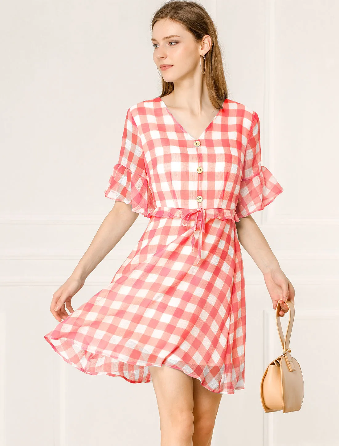 Plaid Checkered Short Flutter Sleeve V-Neck Mini Dress sold by Allegra K product image thumbnail 3