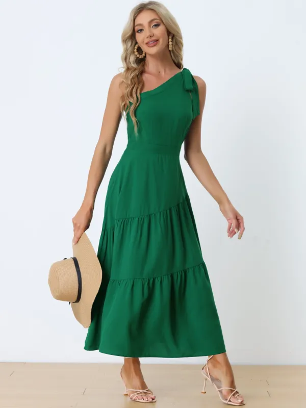 One Shoulder Ruched Sleeveless Elastic Waist Elegant Long Dress Sundress sold by Allegra K