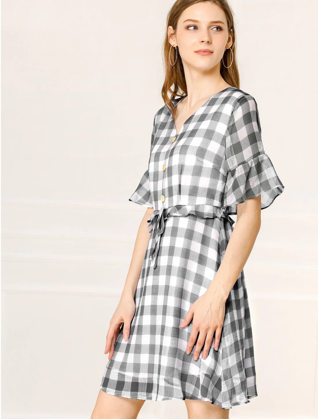 Plaid Checkered Short Flutter Sleeve V-Neck Mini Dress sold by Allegra K product image thumbnail 4