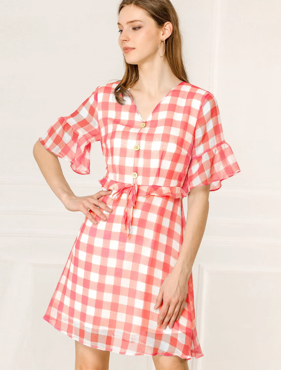 Plaid Checkered Short Flutter Sleeve V-Neck Mini Dress sold by Allegra K product image thumbnail 5