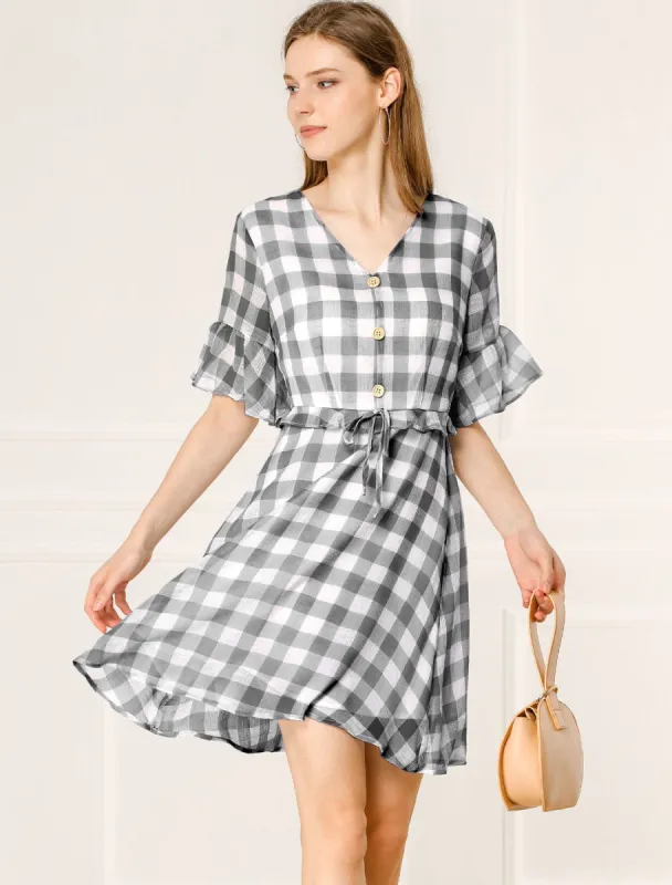 Plaid Checkered Short Flutter Sleeve V-Neck Mini Dress sold by Allegra K