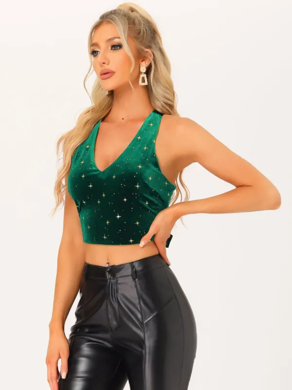 Velvet Cropped Top Sleeveless Crisscross Back Sexy Party Blouse made by Allegra K