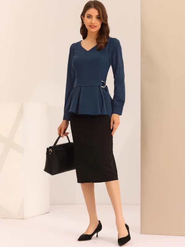 Long Sleeve V Neck Irregular Hem Belted Peplum Blouse sold by Allegra K