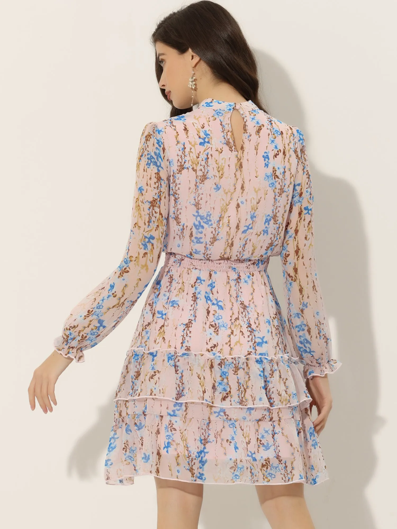 Floral Smocked Waist Sheer Sleeve Ruffle Layers Chiffon Dress sold by Allegra K product image thumbnail 3