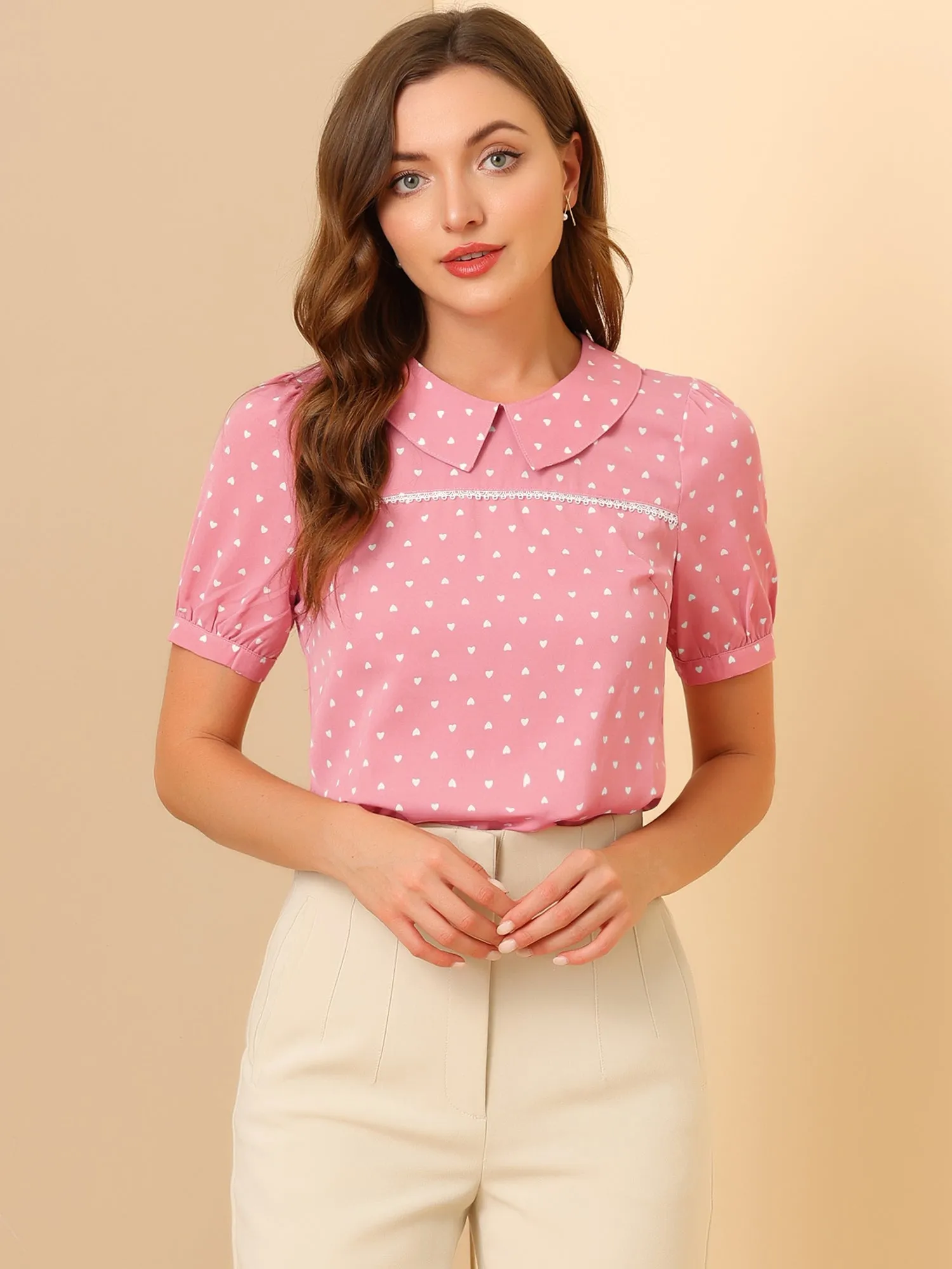 Vintage Heart Print Puff Short Sleeve Peter Pan Collar Blouse Tops sold by Allegra K product image thumbnail 3