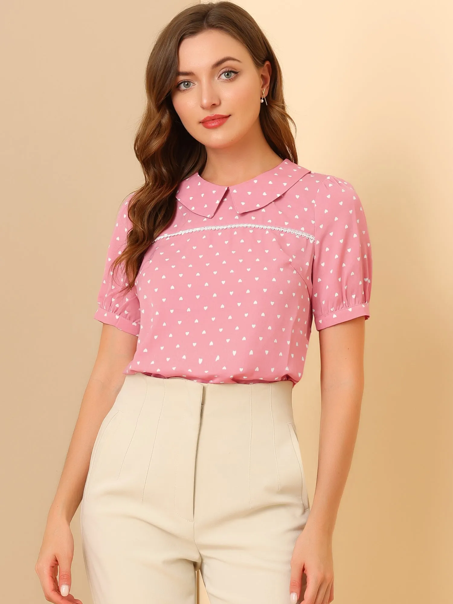 Vintage Heart Print Puff Short Sleeve Peter Pan Collar Blouse Tops sold by Allegra K product image thumbnail 2