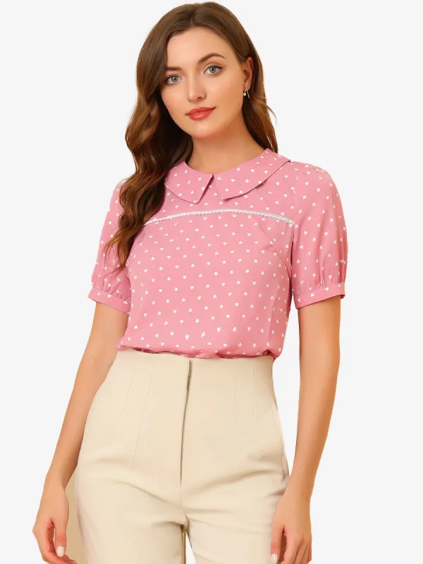 Vintage Heart Print Puff Short Sleeve Peter Pan Collar Blouse Tops sold by Allegra K