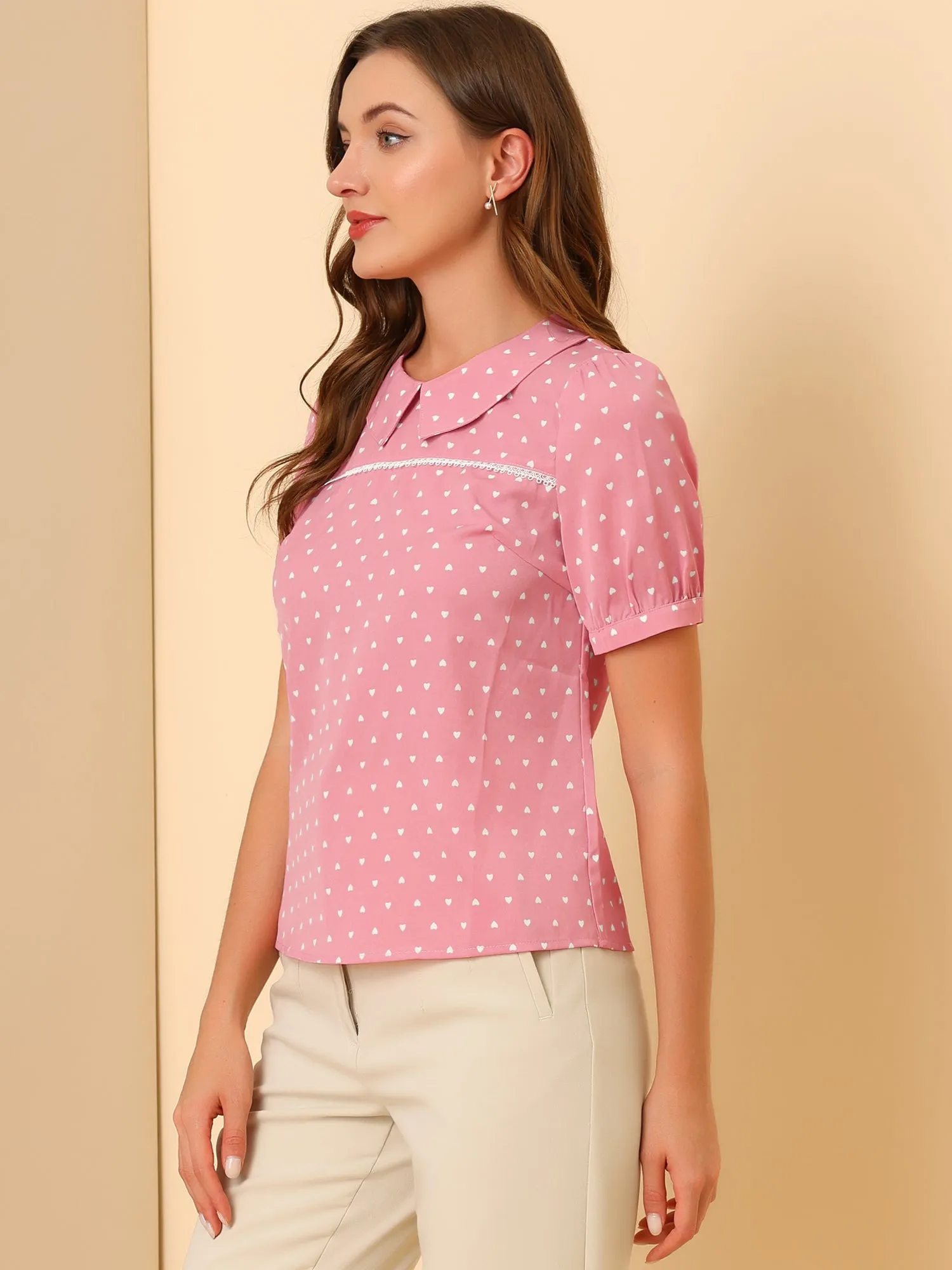 Vintage Heart Print Puff Short Sleeve Peter Pan Collar Blouse Tops sold by Allegra K product image thumbnail 4