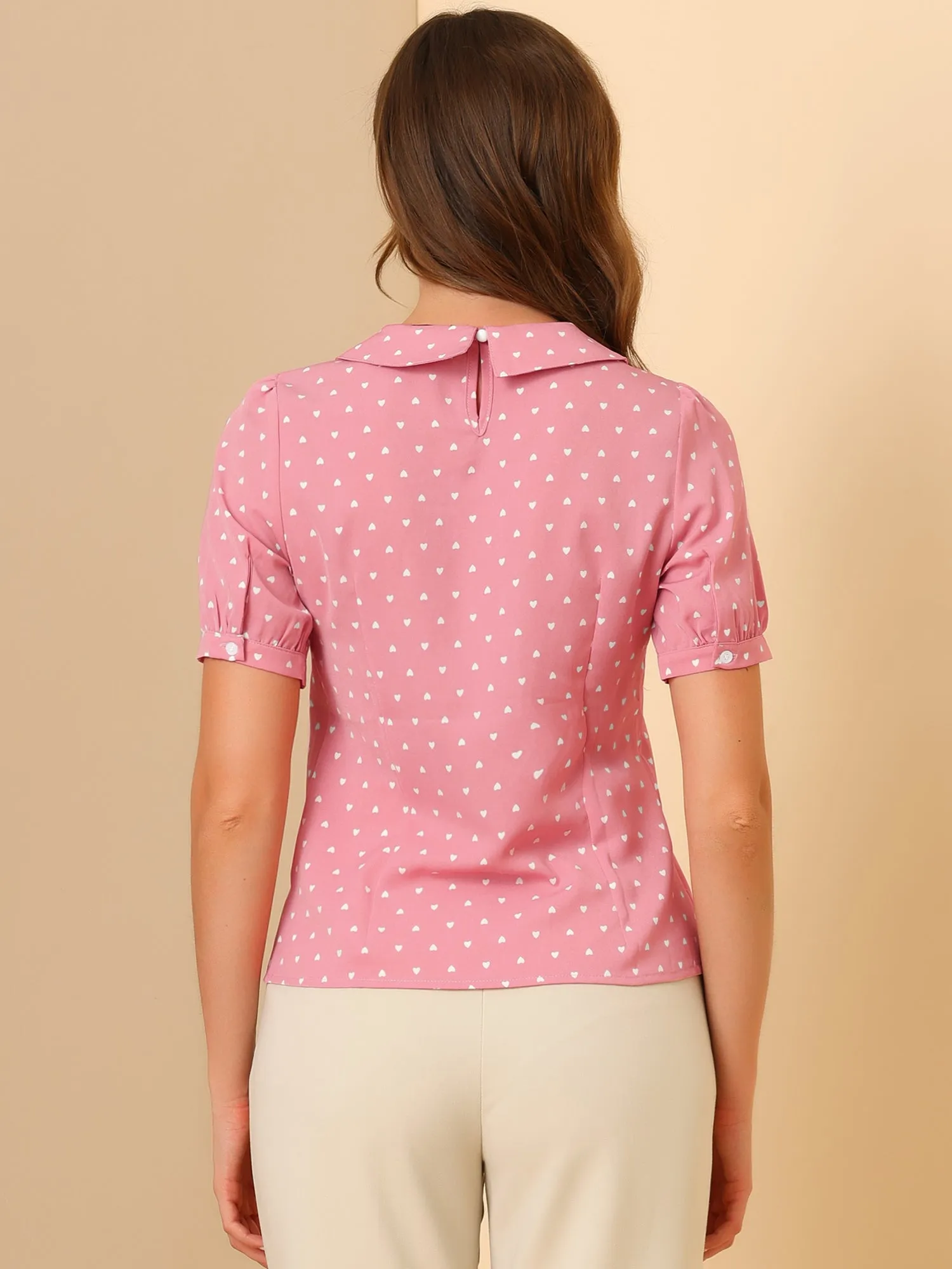 Vintage Heart Print Puff Short Sleeve Peter Pan Collar Blouse Tops sold by Allegra K product image thumbnail 5