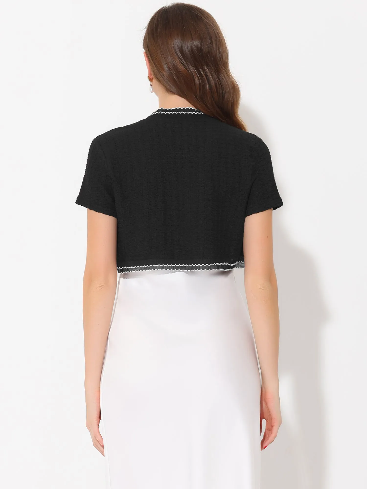 Short Sleeve Shrugs Open Front Ruffle Trim Crop Textured Shrug sold by Allegra K product image thumbnail 3