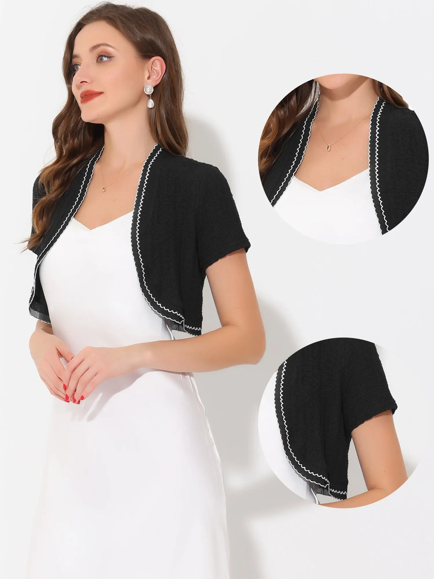 Short Sleeve Shrugs Open Front Ruffle Trim Crop Textured Shrug sold by Allegra K product image thumbnail 2