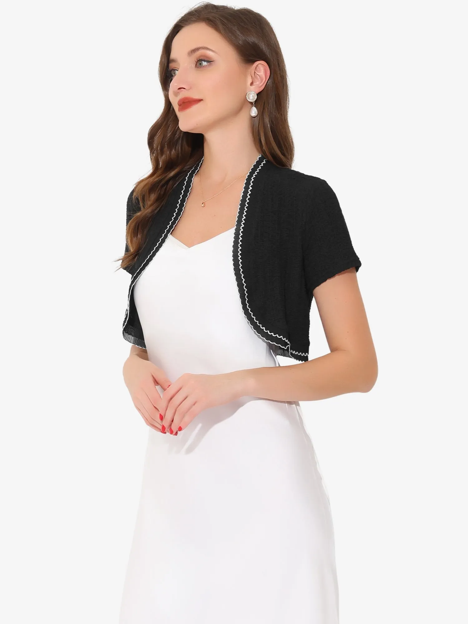 Short Sleeve Shrugs Open Front Ruffle Trim Crop Textured Shrug sold by Allegra K