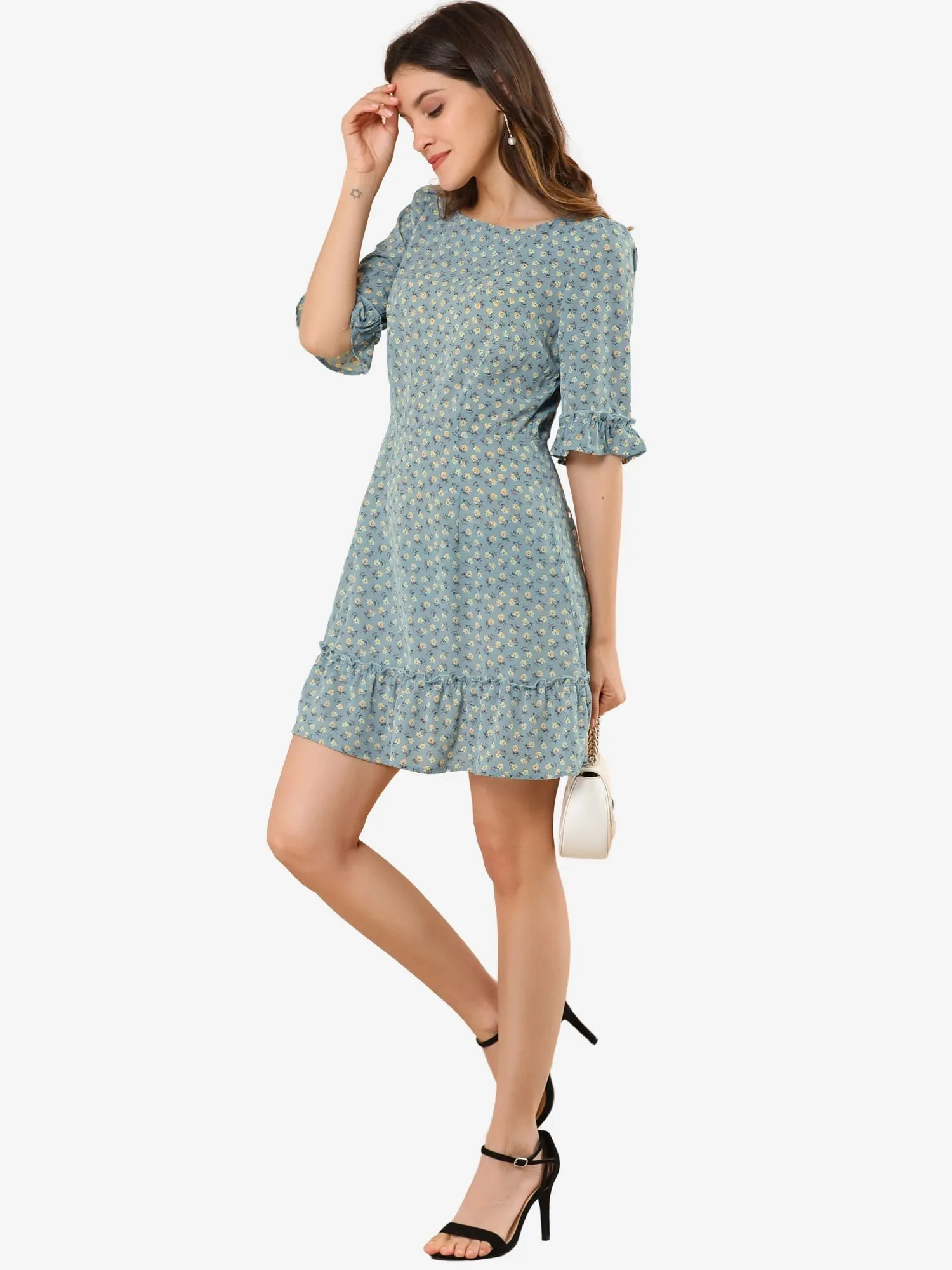 Puff Sleeve Ditsy Floral Boat Neck Summer A-Line Ruffle Dress sold by Allegra K