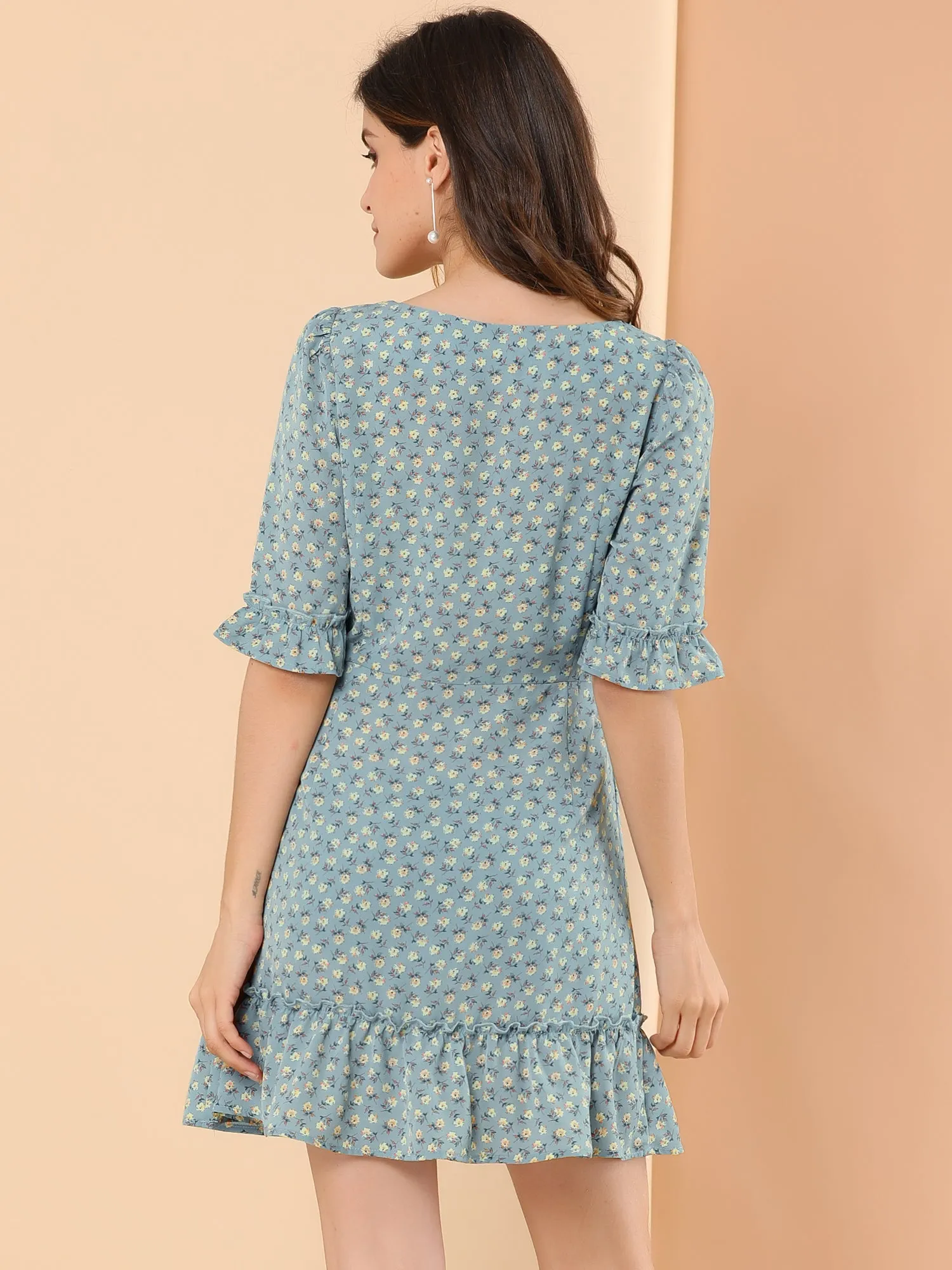 Puff Sleeve Ditsy Floral Boat Neck Summer A-Line Ruffle Dress sold by Allegra K product image thumbnail 5