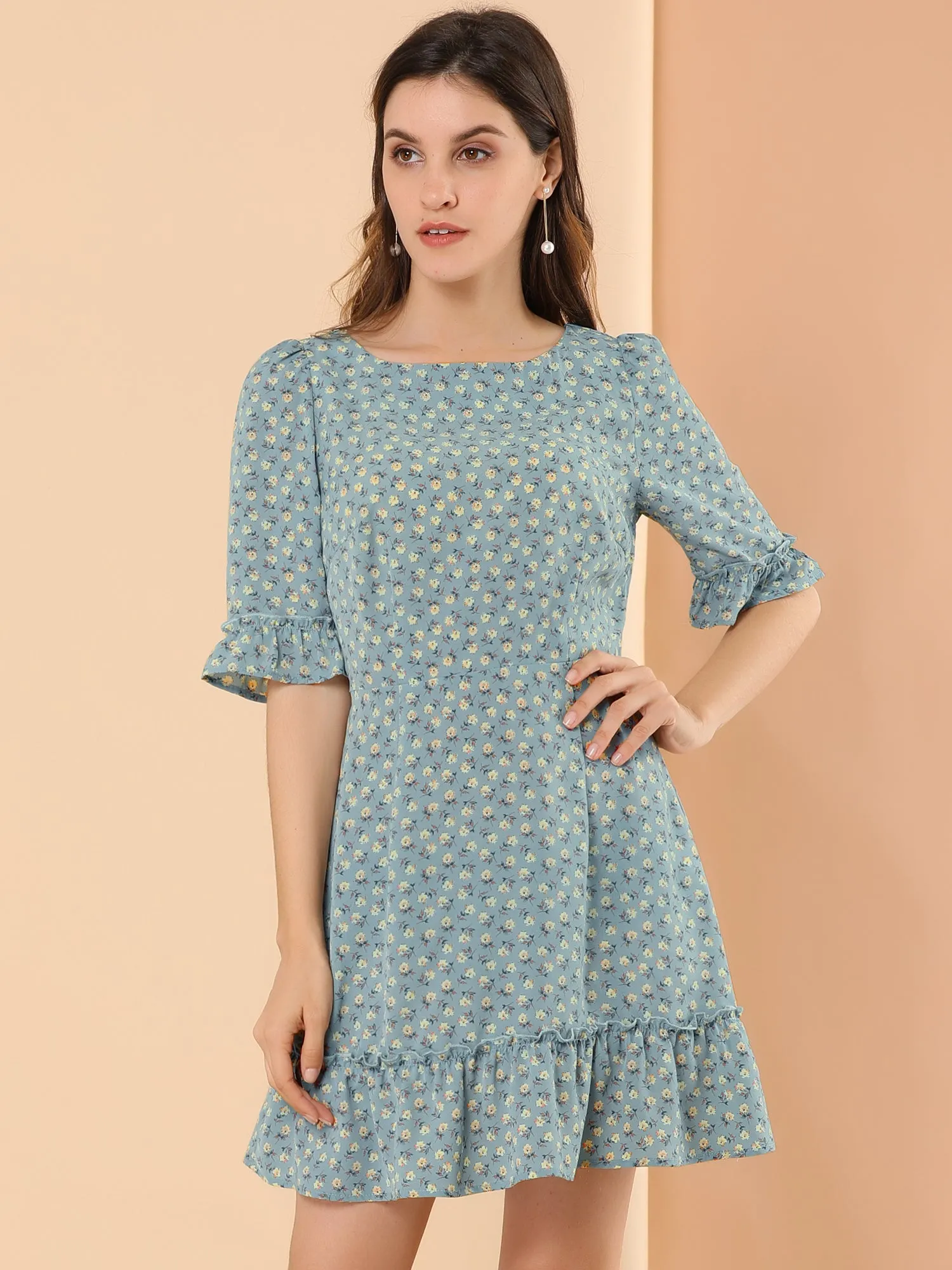 Puff Sleeve Ditsy Floral Boat Neck Summer A-Line Ruffle Dress sold by Allegra K product image thumbnail 4