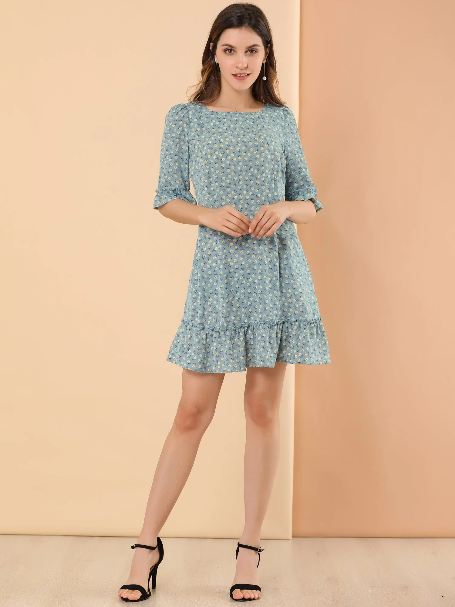 Puff Sleeve Ditsy Floral Boat Neck Summer A-Line Ruffle Dress sold by Allegra K product image thumbnail 3
