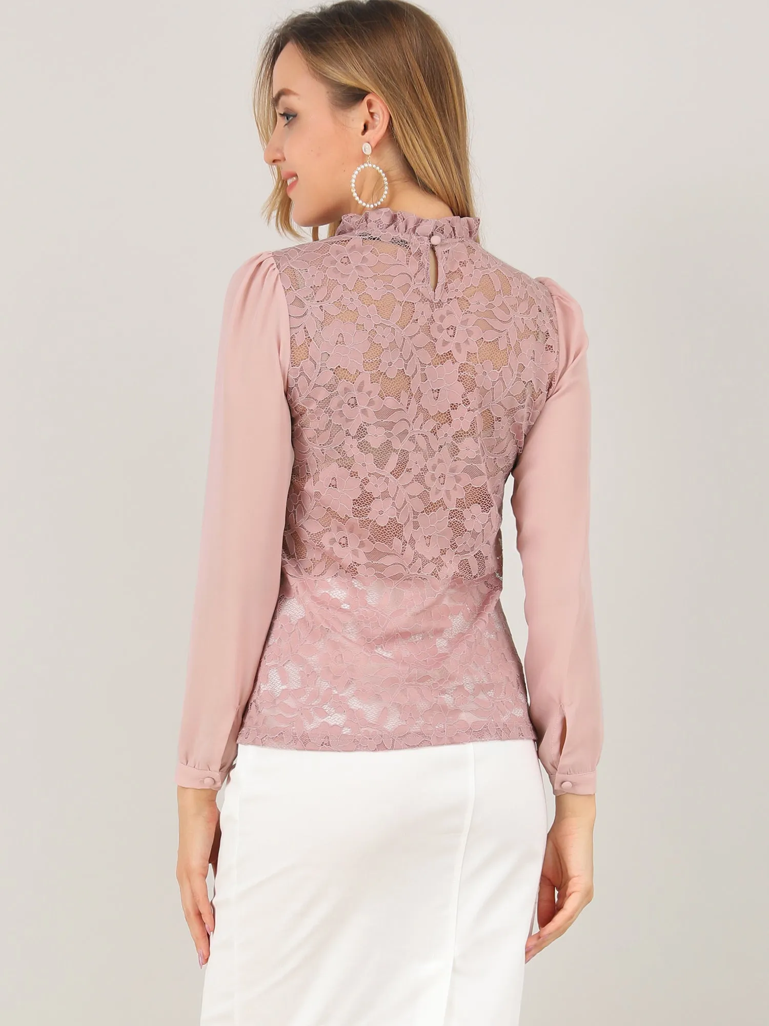 See Through Tops Chiffon Sleeve Ruffle Frill Neck Floral Lace Blouse sold by Allegra K product image thumbnail 5