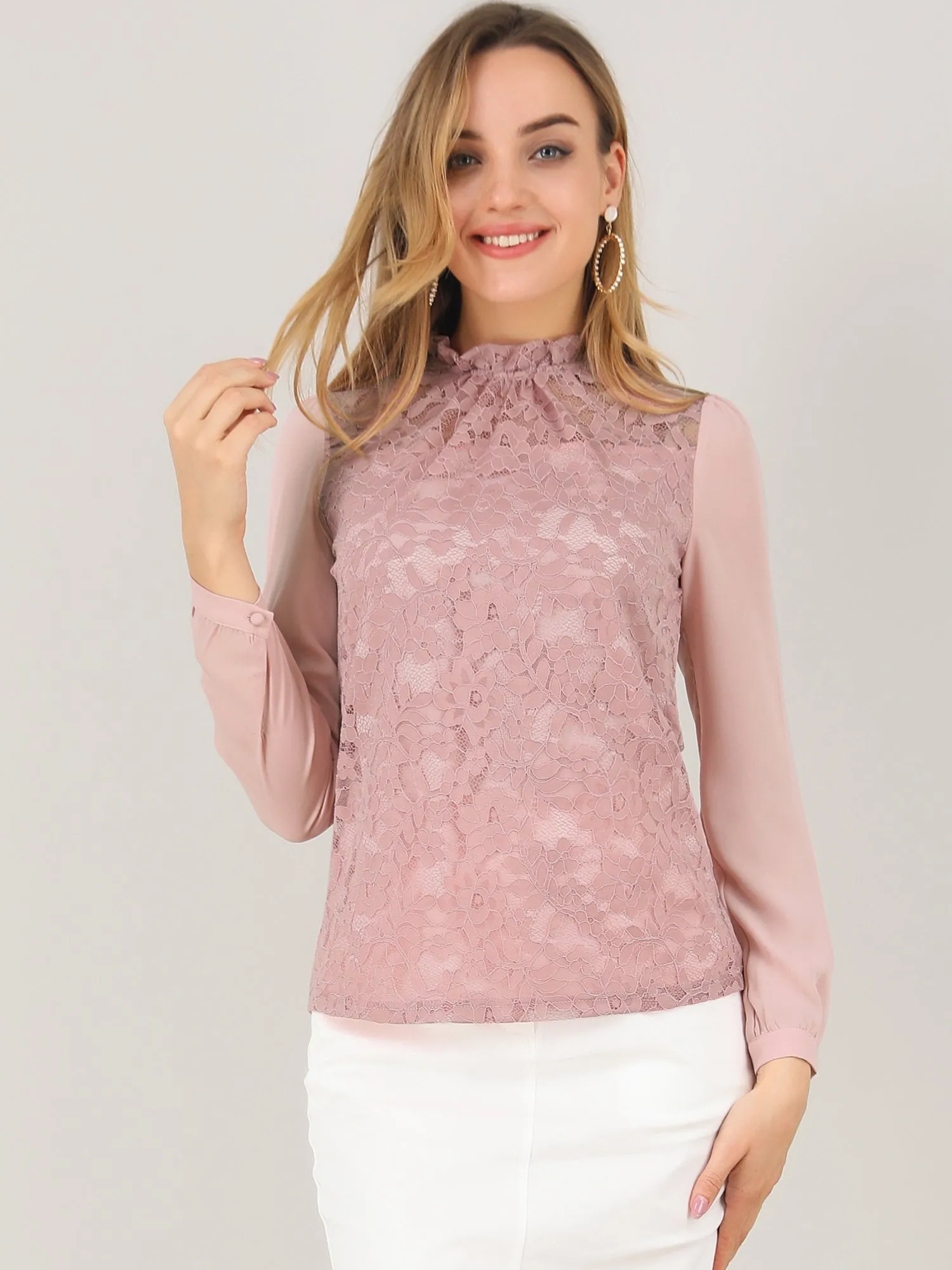 See Through Tops Chiffon Sleeve Ruffle Frill Neck Floral Lace Blouse sold by Allegra K product image thumbnail 2