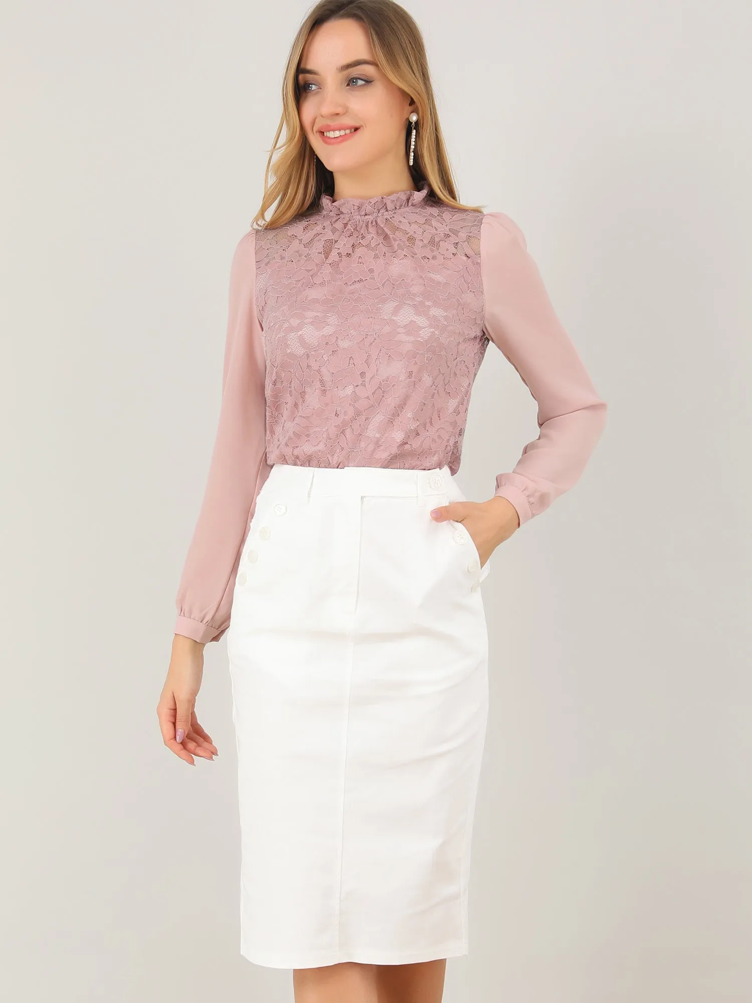 See Through Tops Chiffon Sleeve Ruffle Frill Neck Floral Lace Blouse sold by Allegra K product image thumbnail 3