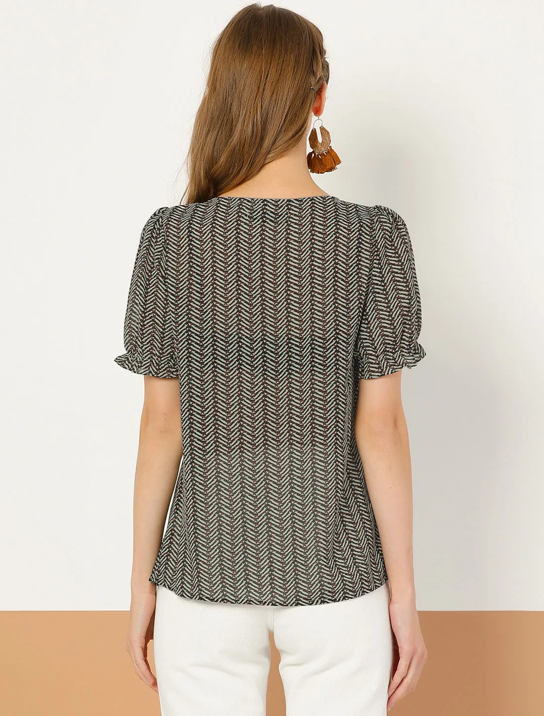 Summer V Neck Short Sleeve Shirt Vintage Chiffon Ruffle Blouse Top sold by Allegra K product image thumbnail 5