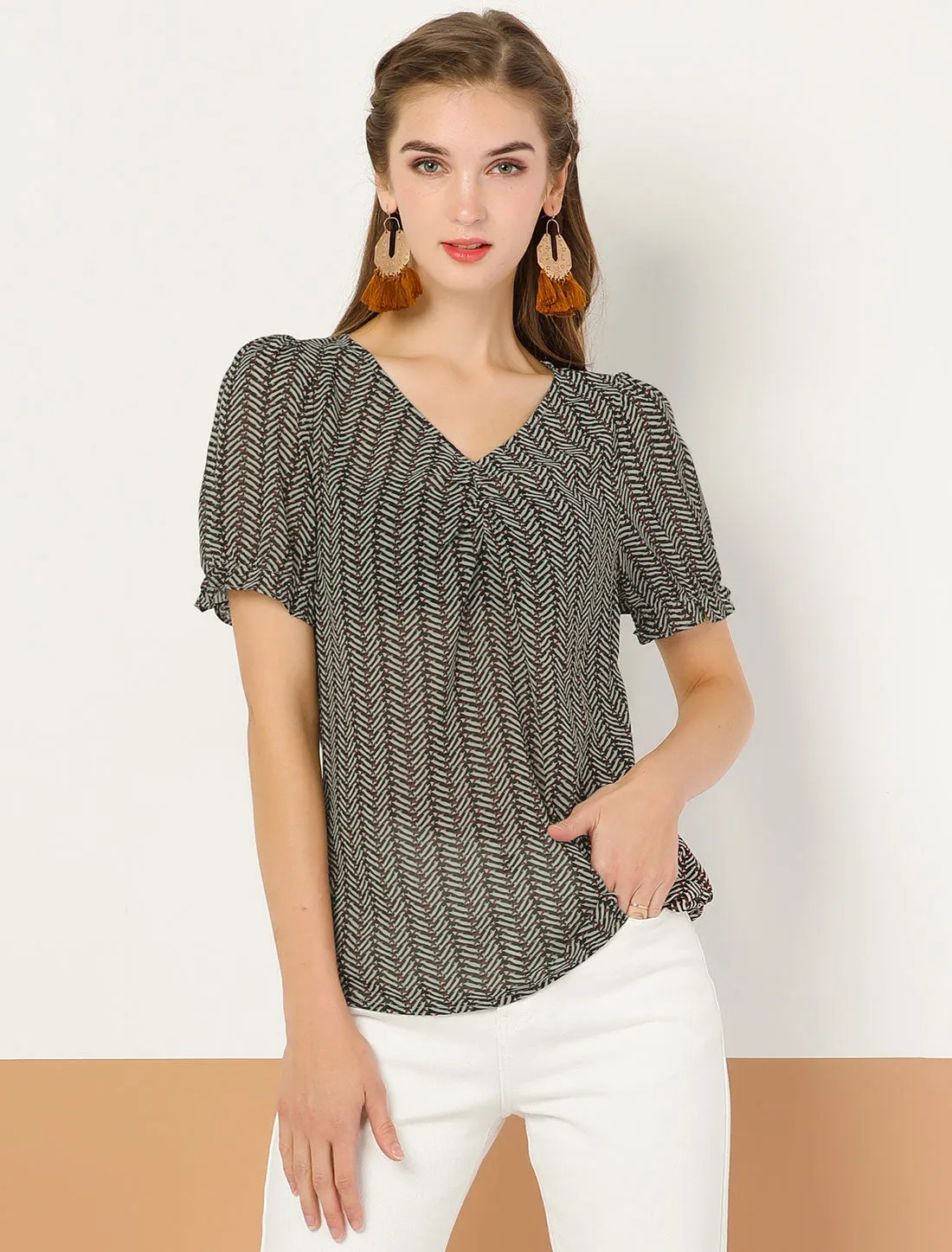 Summer V Neck Short Sleeve Shirt Vintage Chiffon Ruffle Blouse Top sold by Allegra K product image thumbnail 3
