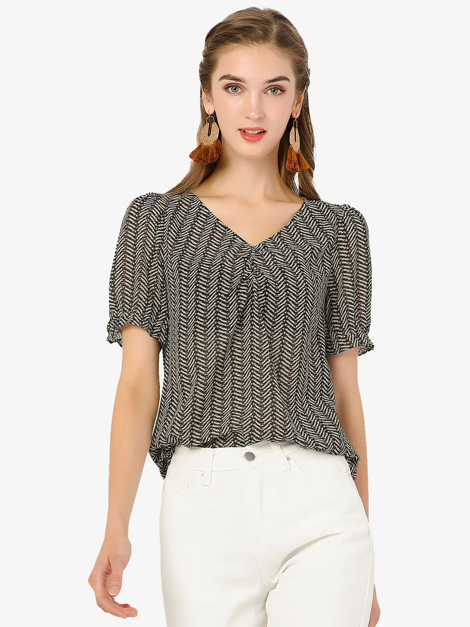 Summer V Neck Short Sleeve Shirt Vintage Chiffon Ruffle Blouse Top sold by Allegra K