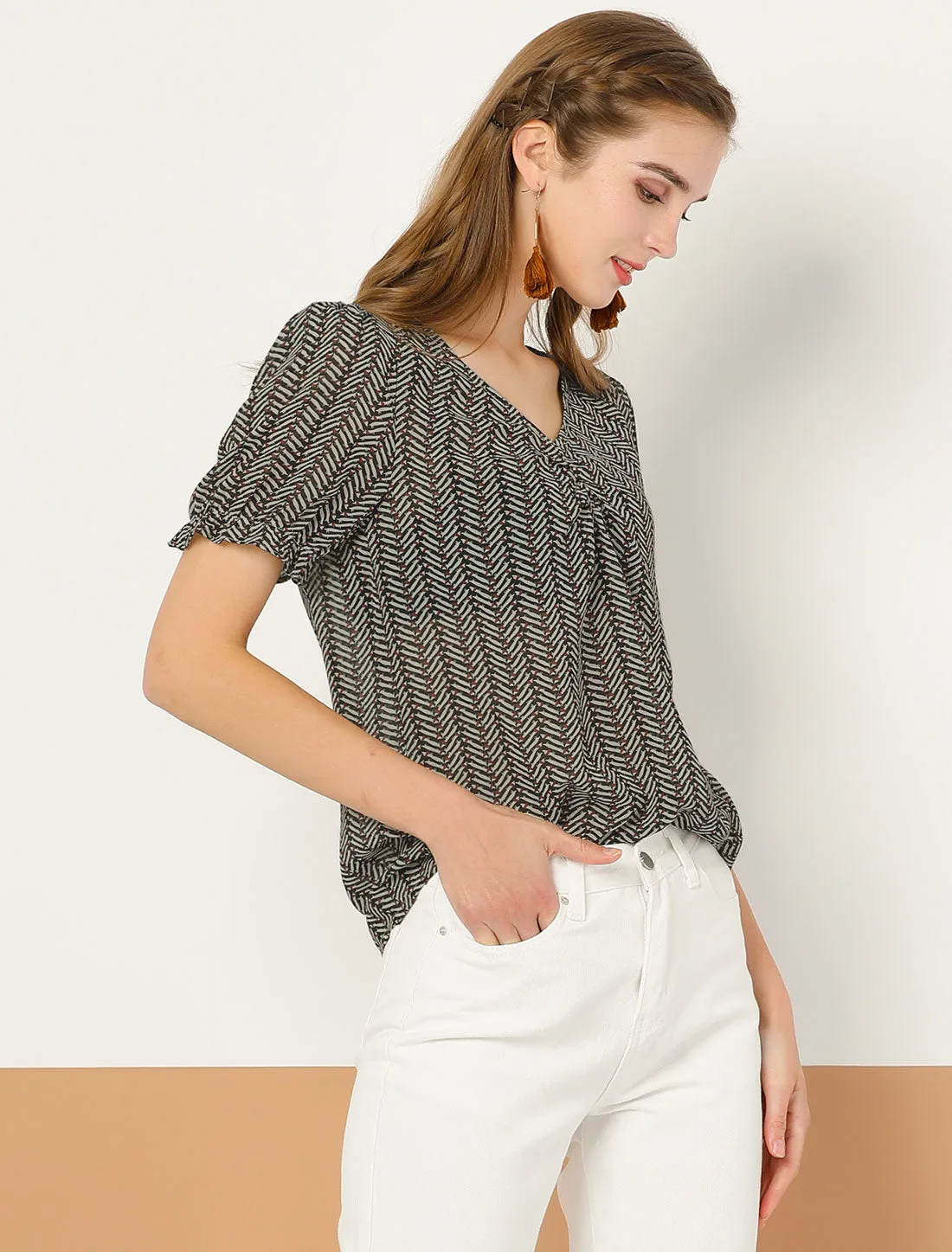 Summer V Neck Short Sleeve Shirt Vintage Chiffon Ruffle Blouse Top sold by Allegra K product image thumbnail 4