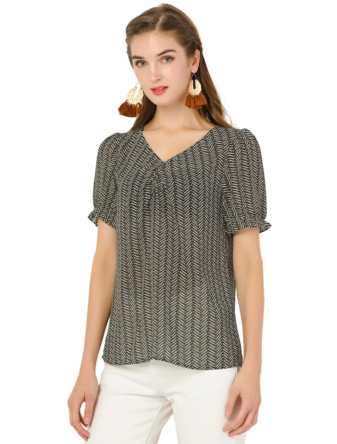 Summer V Neck Short Sleeve Shirt Vintage Chiffon Ruffle Blouse Top sold by Allegra K product image thumbnail 2