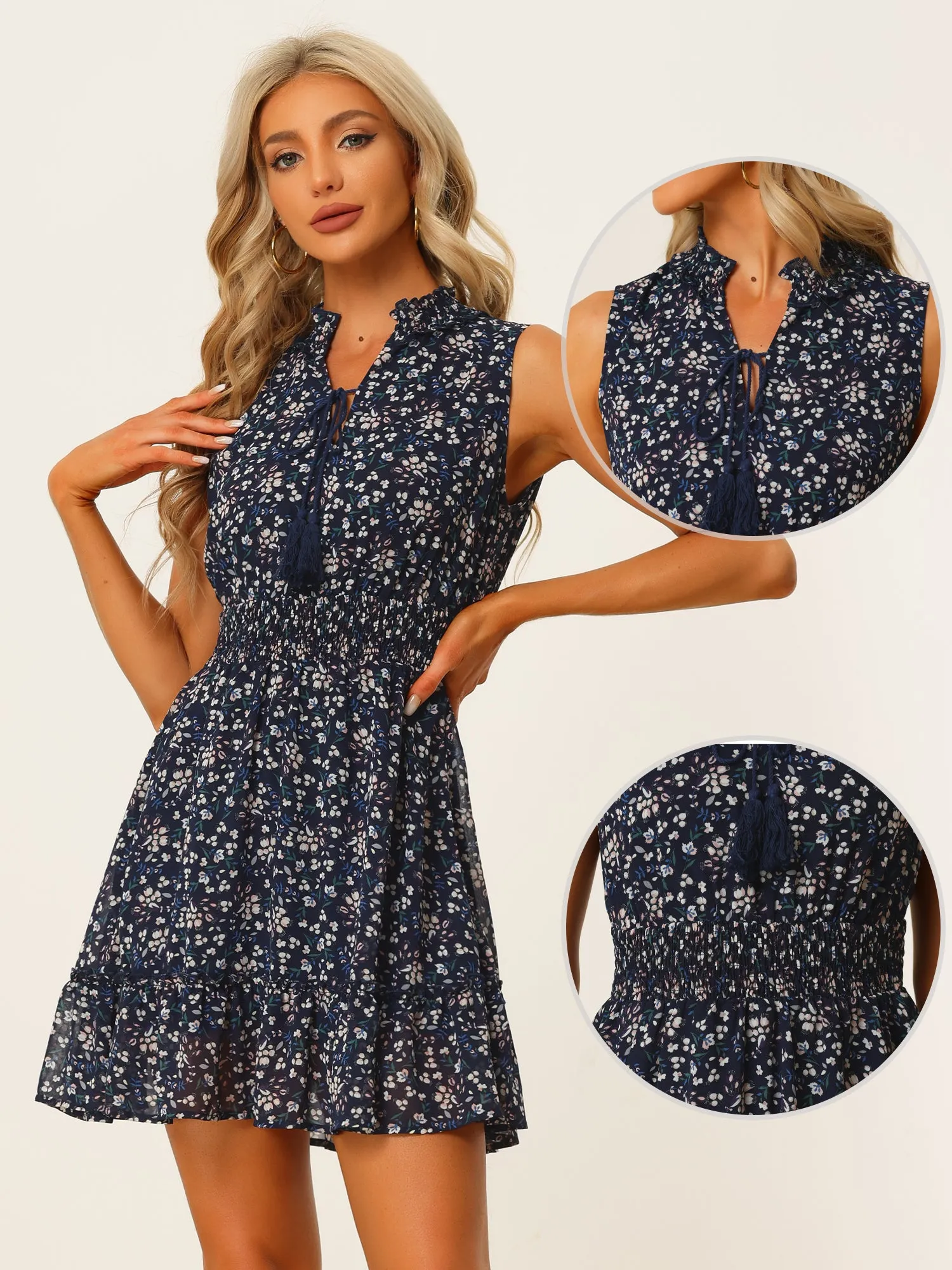 Floral Sleeveless V Neck Smocked Waist Ruffle Mini Dress Sundress sold by Allegra K product image thumbnail 2