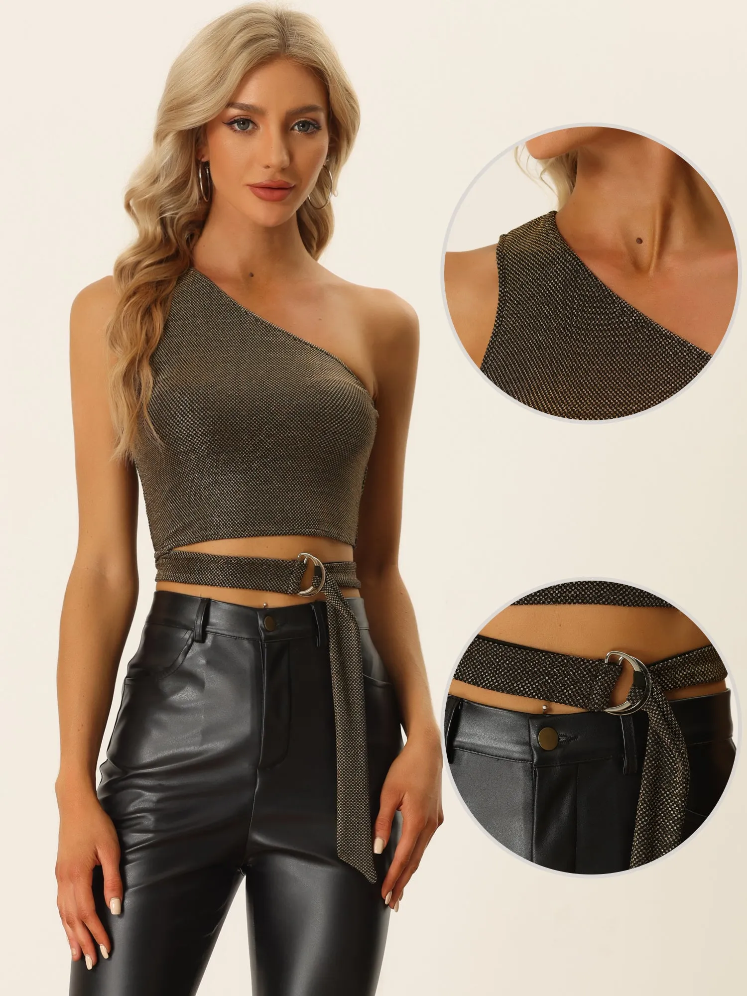 One Shoulder Glitter Sexy Tie Knot Side Polka Dot Crop Tank Top sold by Allegra K product image thumbnail 2