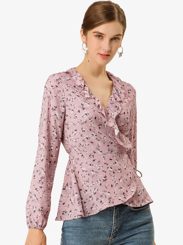 Floral V Neck Wrap Top Long Sleeve Tie Waist Ruffle Peplum Blouse sold by Allegra K