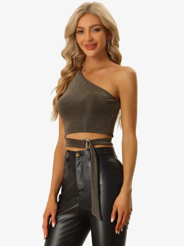 One Shoulder Glitter Sexy Tie Knot Side Polka Dot Crop Tank Top sold by Allegra K