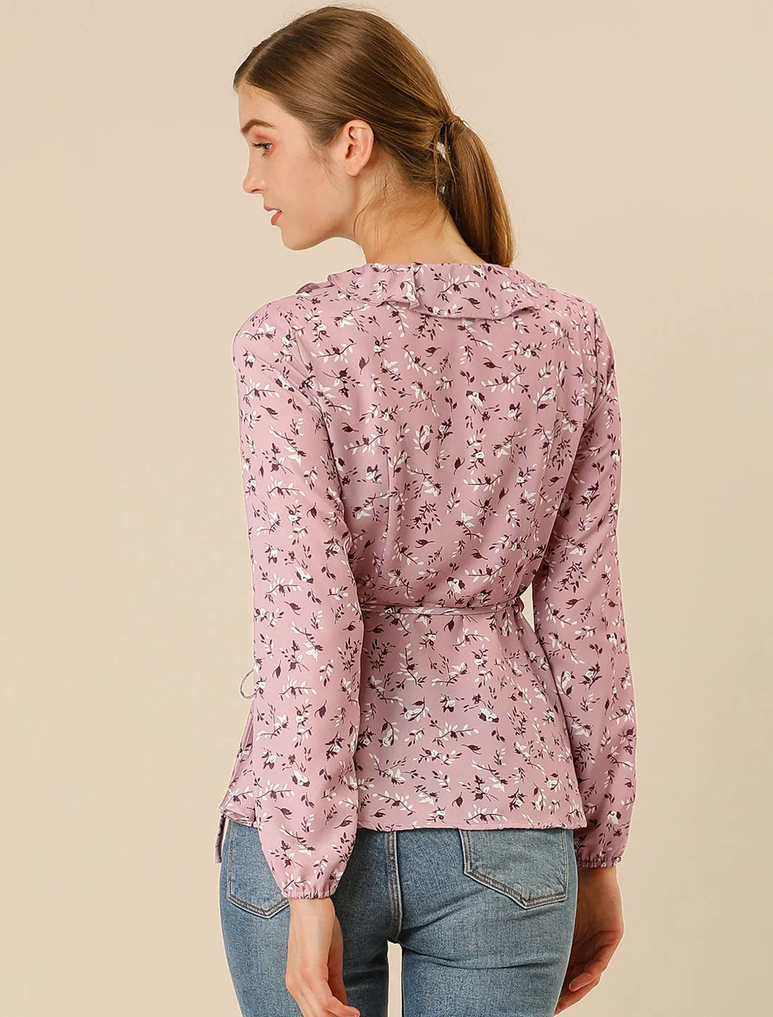 Floral V Neck Wrap Top Long Sleeve Tie Waist Ruffle Peplum Blouse sold by Allegra K product image thumbnail 5